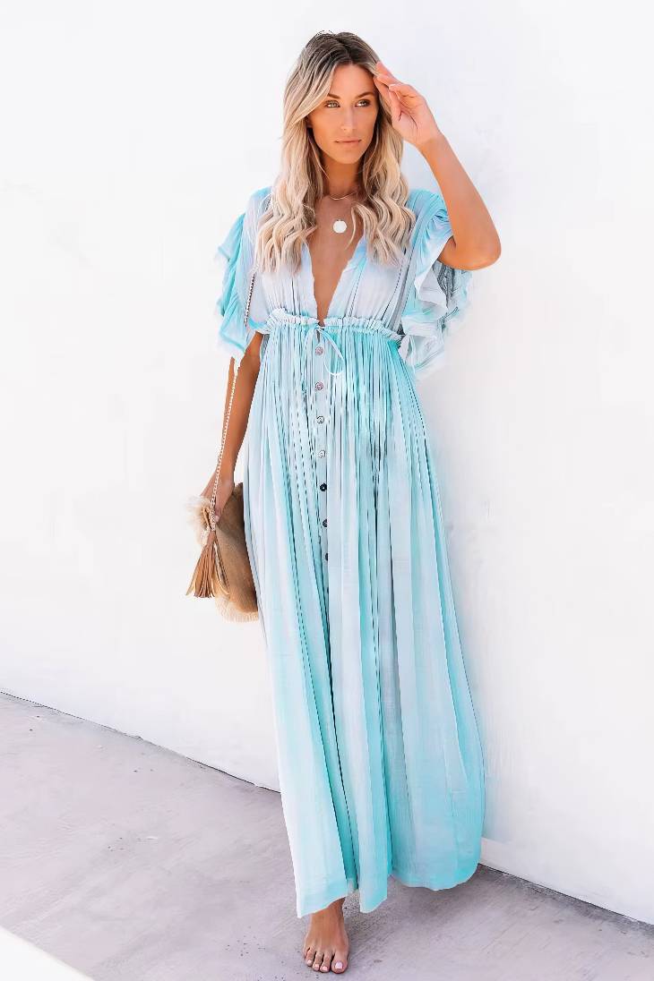 Vestido Largo Azul Claro Escote En V Manga Corta Amplia Cintura Fruncida Con Botones Boho Verano