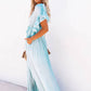 Vestido Largo Azul Claro Escote En V Manga Corta Amplia Cintura Fruncida Con Botones Boho Verano