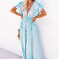 Vestido Largo Azul Claro Escote En V Manga Corta Amplia Cintura Fruncida Con Botones Boho Verano