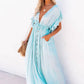Vestido Largo Azul Claro Escote En V Manga Corta Amplia Cintura Fruncida Con Botones Boho Verano