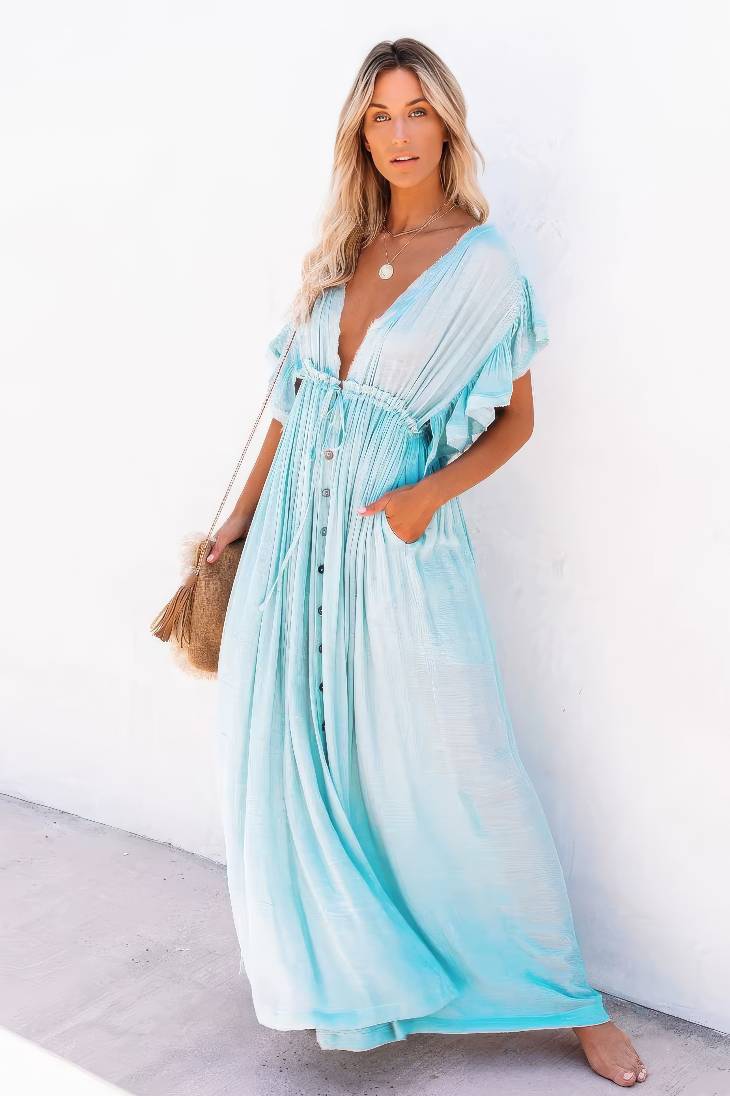 Vestido Largo Azul Claro Escote En V Manga Corta Amplia Cintura Fruncida Con Botones Boho Verano