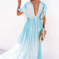 Vestido Largo Azul Claro Escote En V Manga Corta Amplia Cintura Fruncida Con Botones Boho Verano