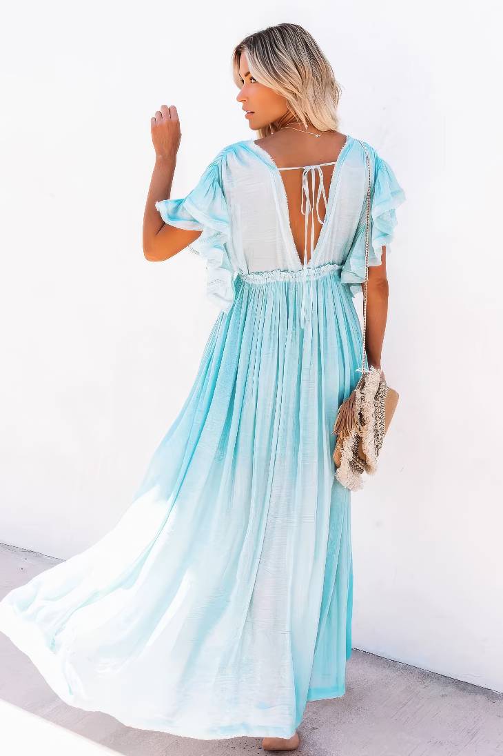 Vestido Largo Azul Claro Escote En V Manga Corta Amplia Cintura Fruncida Con Botones Boho Verano