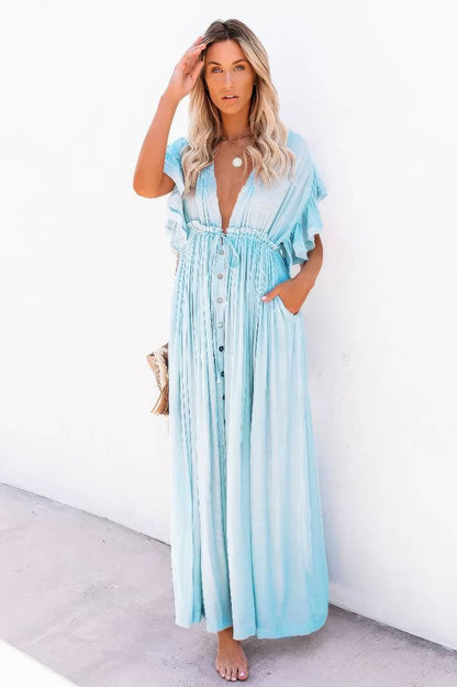 Vestido Largo Azul Claro Escote En V Manga Corta Amplia Cintura Fruncida Con Botones Boho Verano