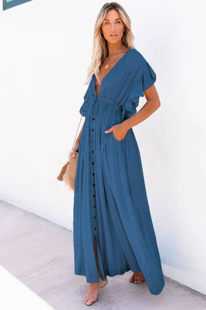 Vestido Largo Azul Escote En V Manga Corta Con Volantes Cintura Fruncida Con Botones Boho Verano