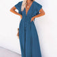 Vestido Largo Azul Escote En V Manga Corta Con Volantes Cintura Fruncida Con Botones Boho Verano