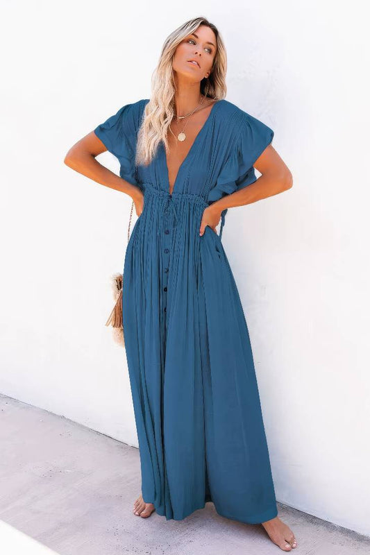 Vestido Largo Azul Escote En V Manga Corta Con Volantes Cintura Fruncida Con Botones Boho Verano