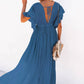 Vestido Largo Azul Escote En V Manga Corta Con Volantes Cintura Fruncida Con Botones Boho Verano