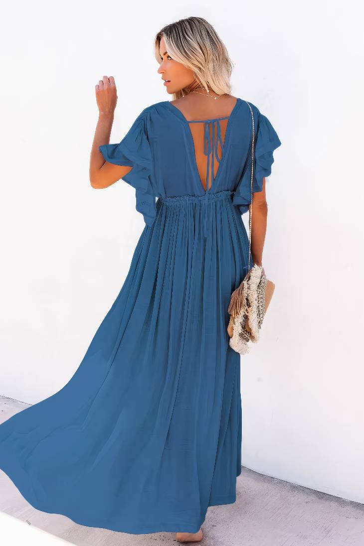 Vestido Largo Azul Escote En V Manga Corta Con Volantes Cintura Fruncida Con Botones Boho Verano