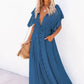 Vestido Largo Azul Escote En V Manga Corta Con Volantes Cintura Fruncida Con Botones Boho Verano