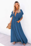 Vestido Largo Azul Escote En V Manga Corta Con Volantes Cintura Fruncida Con Botones Boho Verano