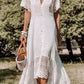 Vestido Largo Blanco De Encaje Cuello En V Manga Corta Botones Falda Asimétrica Verano Boho