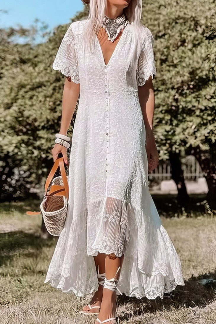 Vestido Largo Blanco De Encaje Cuello En V Manga Corta Botones Falda Asimétrica Verano Boho