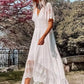 Vestido Largo Blanco De Encaje Cuello En V Manga Corta Botones Falda Asimétrica Verano Boho