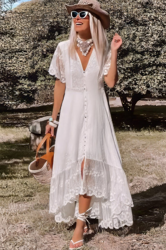 Vestido Largo Blanco De Encaje Cuello En V Manga Corta Botones Falda Asimétrica Verano Boho