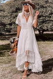Vestido Largo Blanco De Encaje Cuello En V Manga Corta Botones Falda Asimétrica Verano Boho