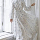 Vestido Largo Blanco De Lunares Escote En V Manga Larga Cintura Con Lazo Boho Verano