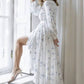 Vestido Largo Blanco De Lunares Escote En V Manga Larga Cintura Con Lazo Boho Verano