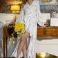 Vestido Largo Blanco De Lunares Escote En V Manga Larga Cintura Con Lazo Boho Verano