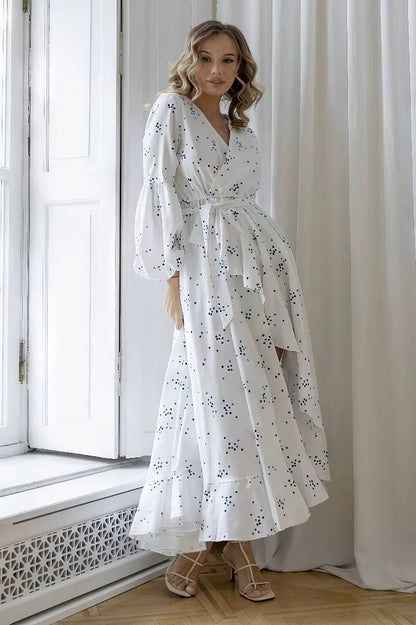 Vestido Largo Blanco De Lunares Escote En V Manga Larga Cintura Con Lazo Boho Verano