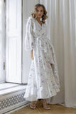 Vestido Largo Blanco De Lunares Escote En V Manga Larga Cintura Con Lazo Boho Verano