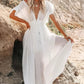 Vestido Largo Blanco Escote En V Profundo Manga Corta Amplia Cintura Fruncida Boho Verano