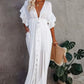 Vestido Largo Blanco Escote En V Profundo Manga Corta Amplia Cintura Fruncida Boho Verano