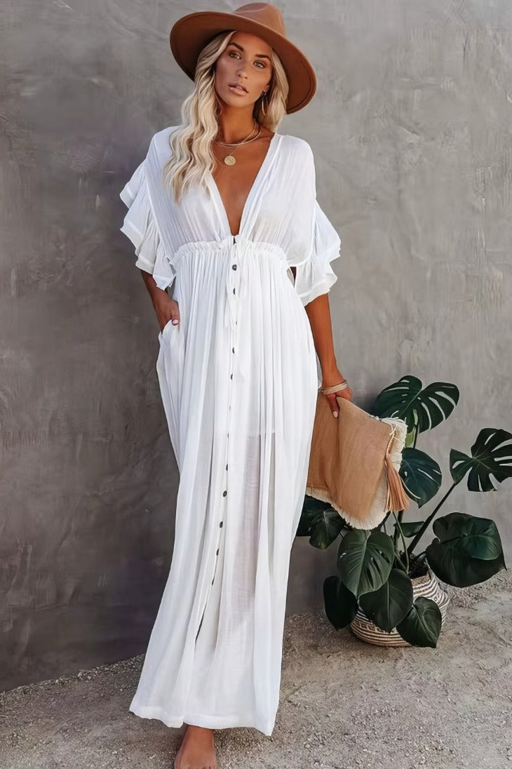 Vestido Largo Blanco Escote En V Profundo Manga Corta Amplia Cintura Fruncida Boho Verano