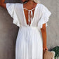 Vestido Largo Blanco Escote En V Profundo Manga Corta Amplia Cintura Fruncida Boho Verano