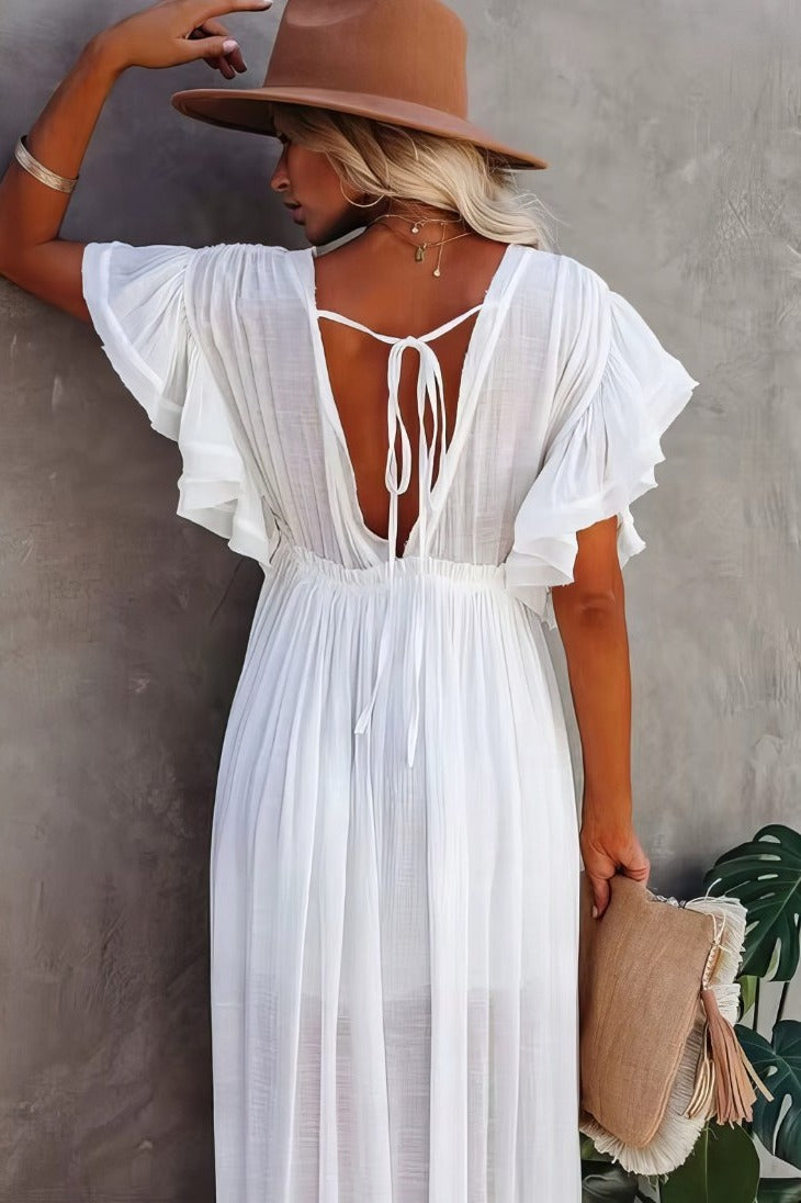 Vestido Largo Blanco Escote En V Profundo Manga Corta Amplia Cintura Fruncida Boho Verano