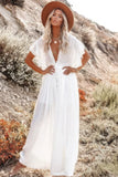 Vestido Largo Blanco Escote En V Profundo Manga Corta Amplia Cintura Fruncida Boho Verano