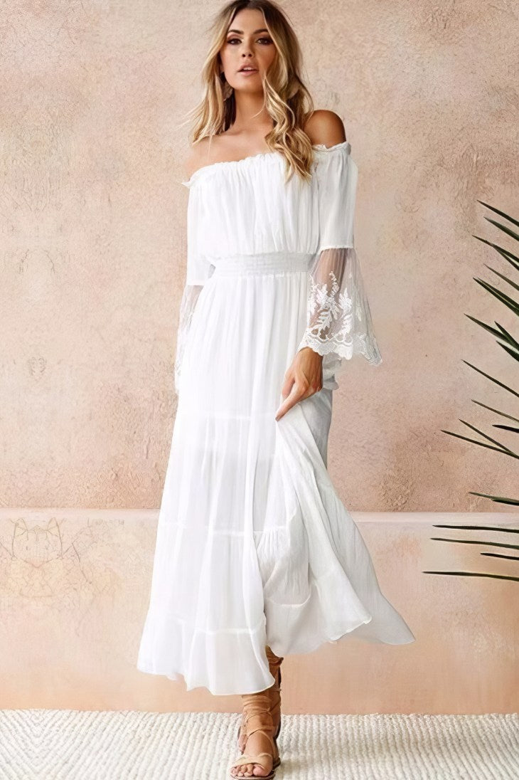 Vestido Largo Blanco Hombros Descubiertos Manga Larga Con Encaje Boho Verano