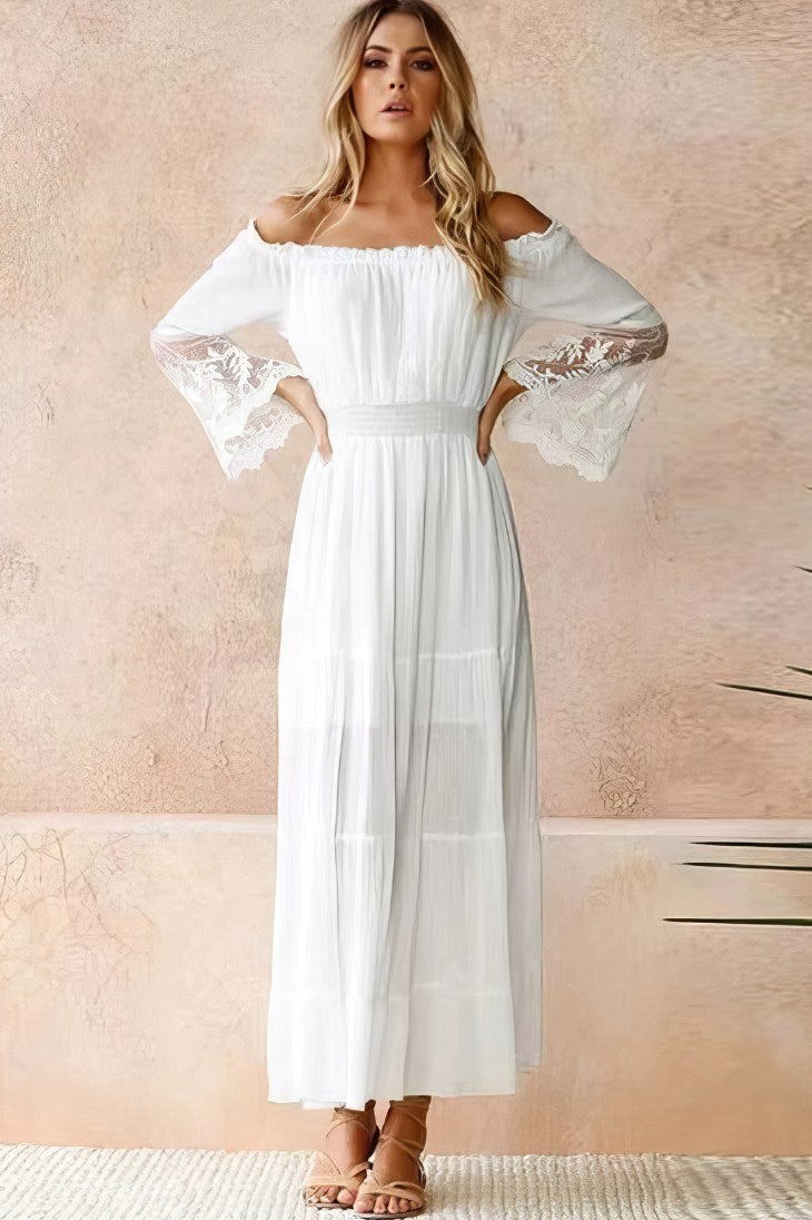 Vestido Largo Blanco Hombros Descubiertos Manga Larga Con Encaje Boho Verano
