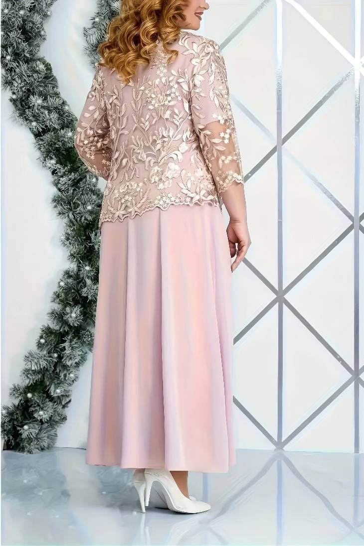Vestido Largo De Encaje Manga 3/4 Elegante Tallas Grandes
