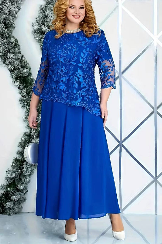 Vestido Largo De Encaje Manga 3/4 Elegante Tallas Grandes