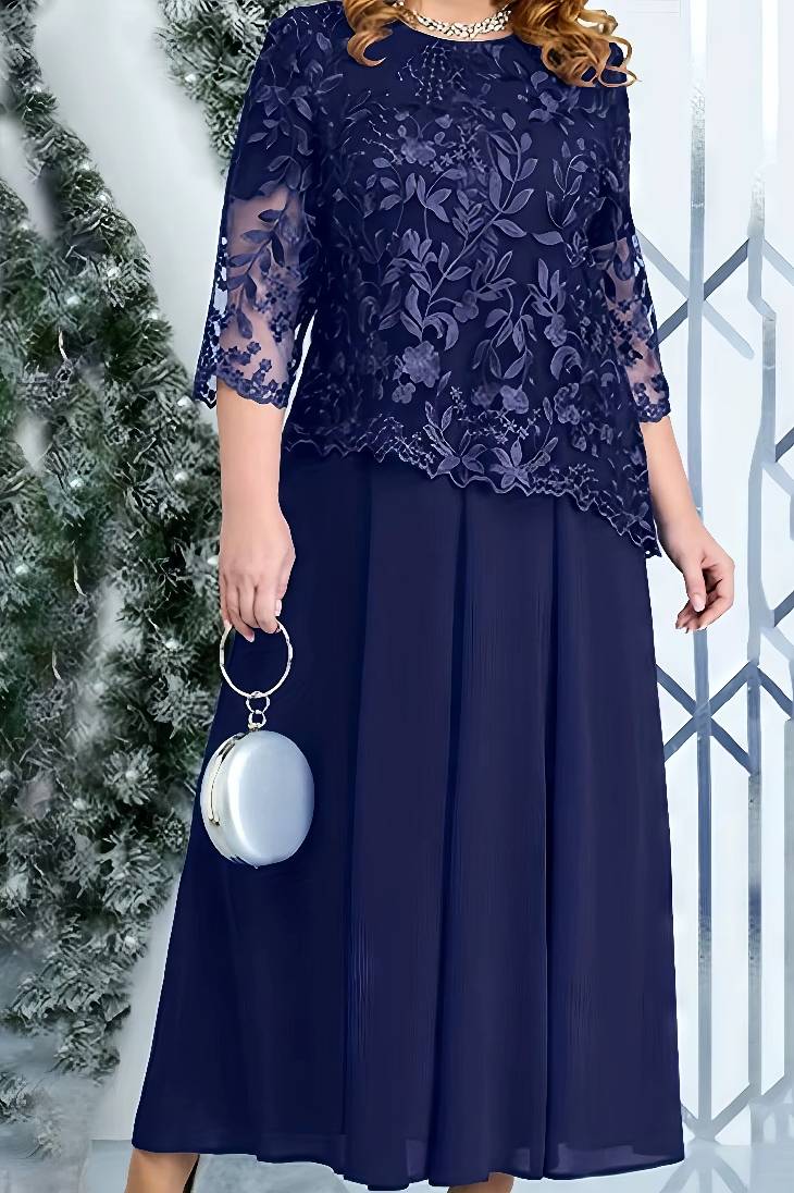 Vestido Largo De Encaje Manga 3/4 Elegante Tallas Grandes