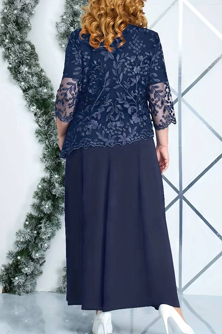 Vestido Largo De Encaje Manga 3/4 Elegante Tallas Grandes