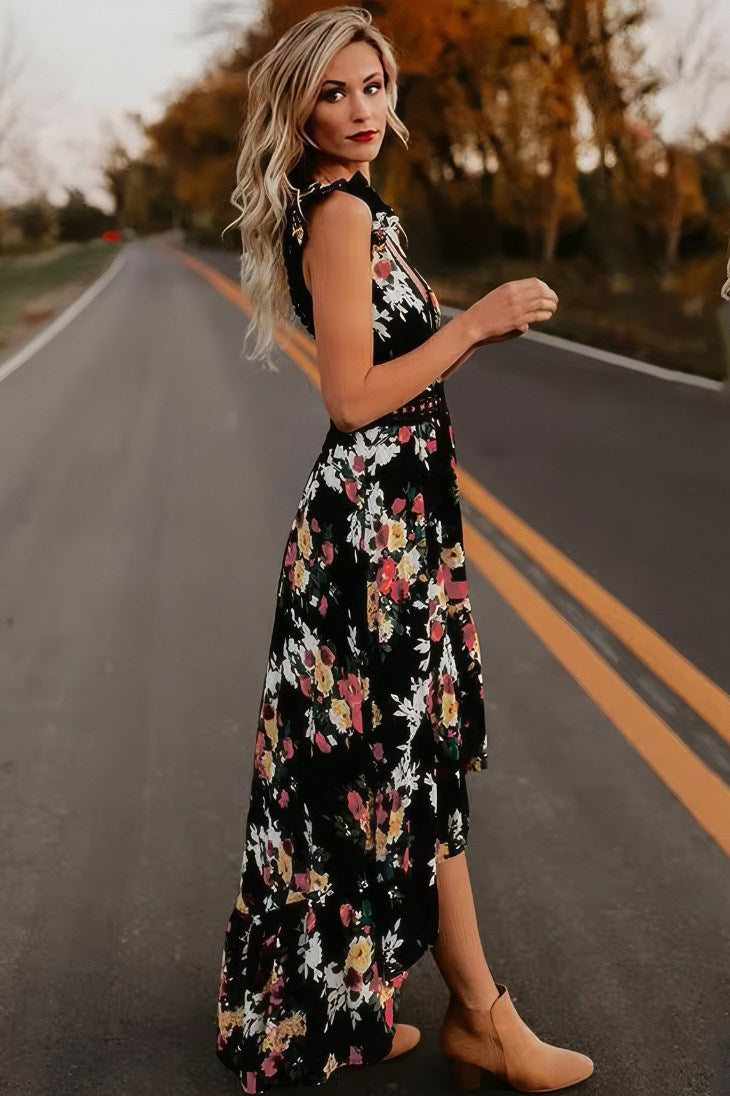 Vestido Largo Floral Cuello En V Sin Mangas Falda Asimétrica Verano Boho