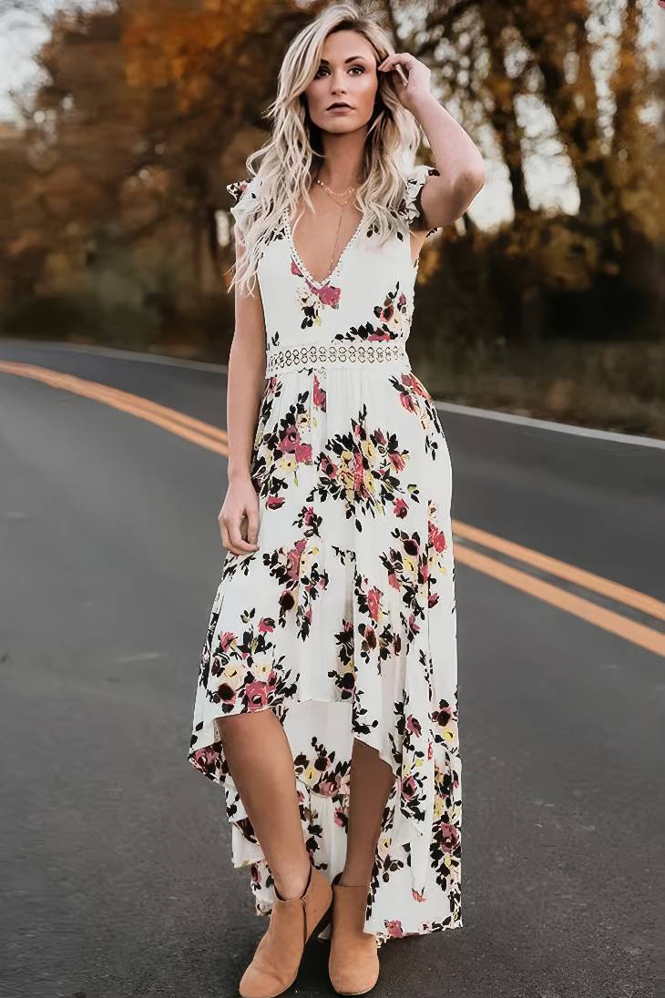 Vestido Largo Floral Cuello En V Sin Mangas Falda Asimétrica Verano Boho