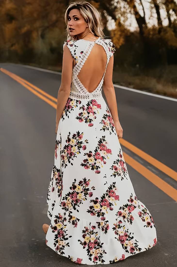 Vestido Largo Floral Cuello En V Sin Mangas Falda Asimétrica Verano Boho