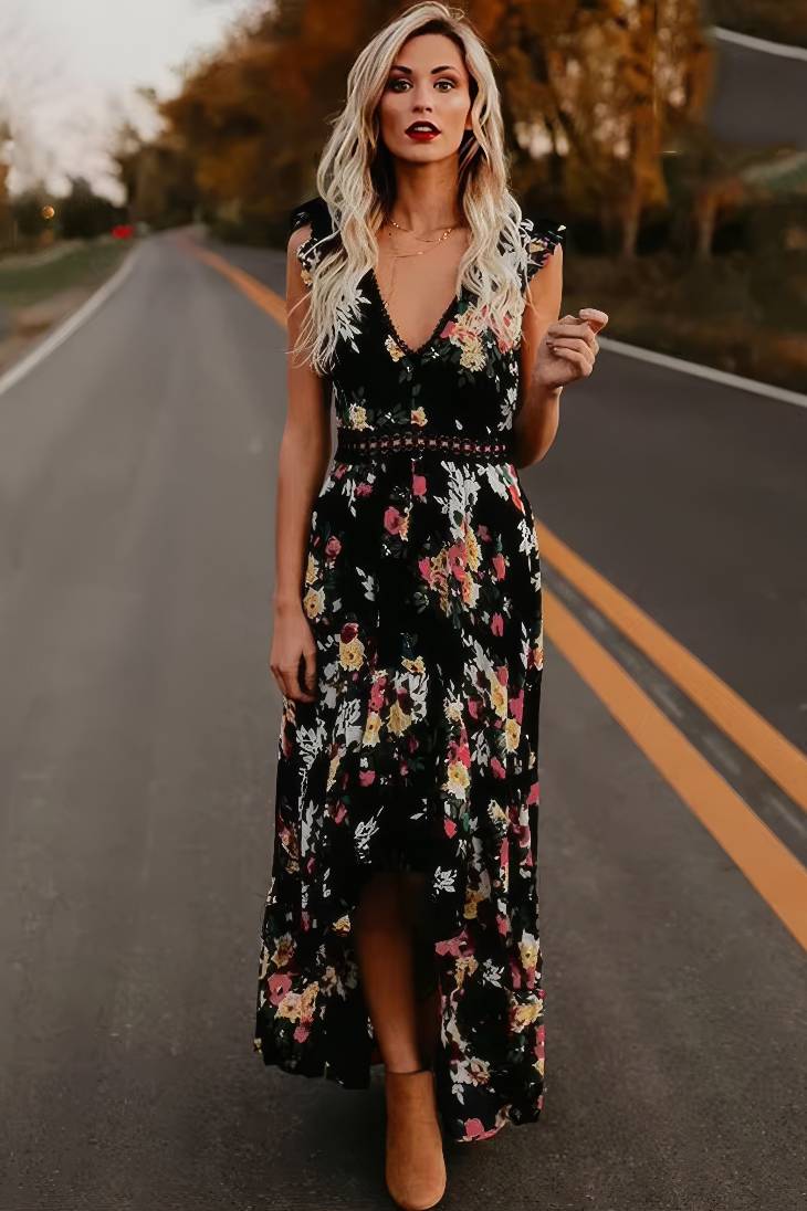 Vestido Largo Floral Cuello En V Sin Mangas Falda Asimétrica Verano Boho