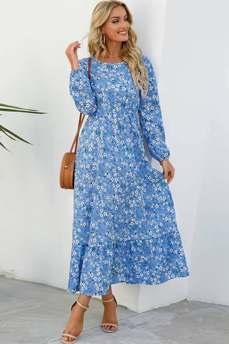 Vestido Largo Floral Manga Larga Cintura Fruncida Con Volantes Boho Verano