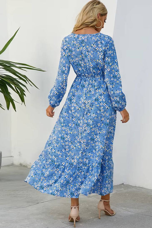 Vestido Largo Floral Manga Larga Cintura Fruncida Con Volantes Boho Verano