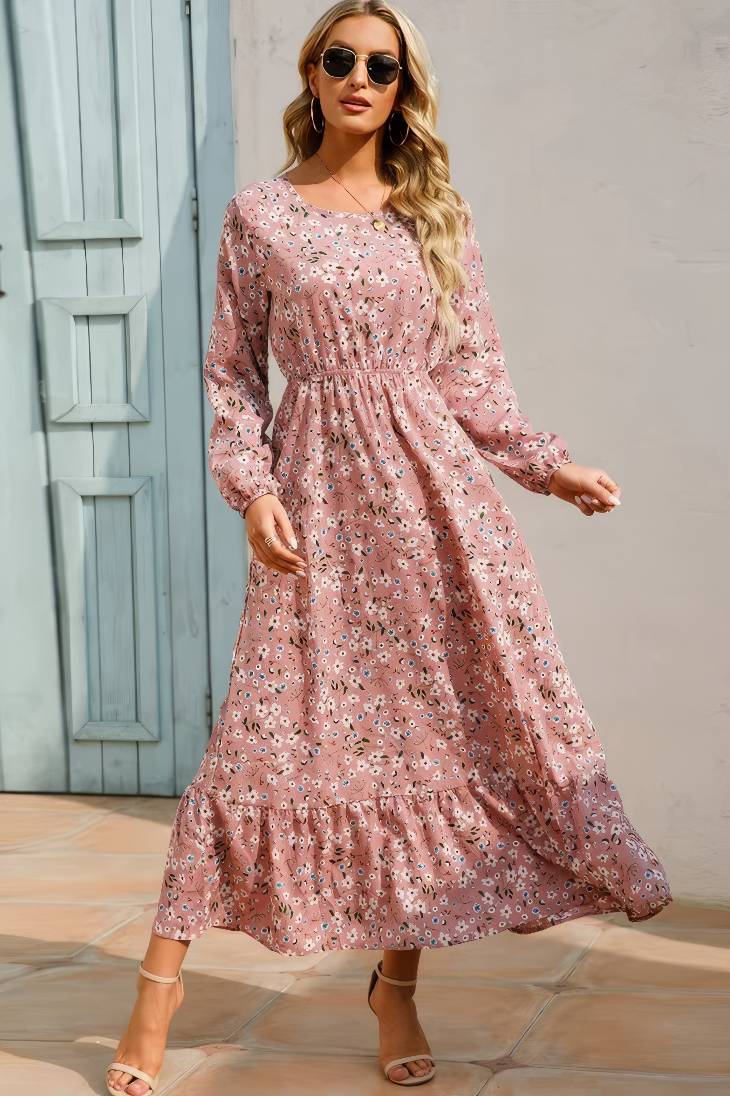 Vestido Largo Floral Manga Larga Cintura Fruncida Con Volantes Boho Verano