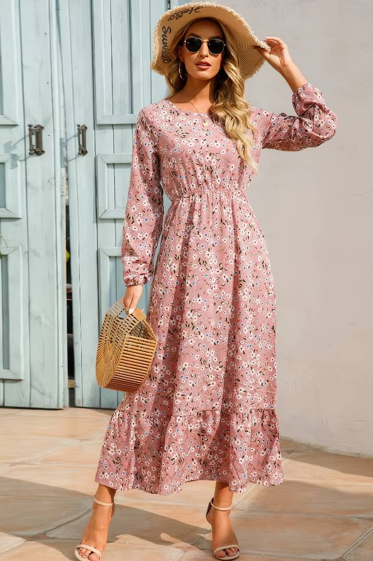 Vestido Largo Floral Manga Larga Cintura Fruncida Con Volantes Boho Verano