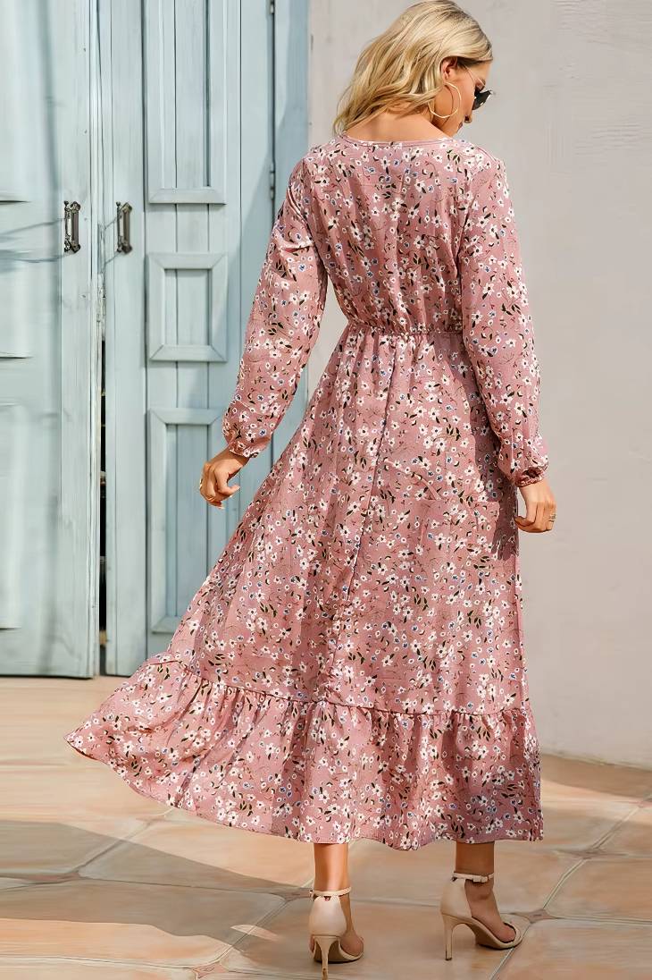 Vestido Largo Floral Manga Larga Cintura Fruncida Con Volantes Boho Verano