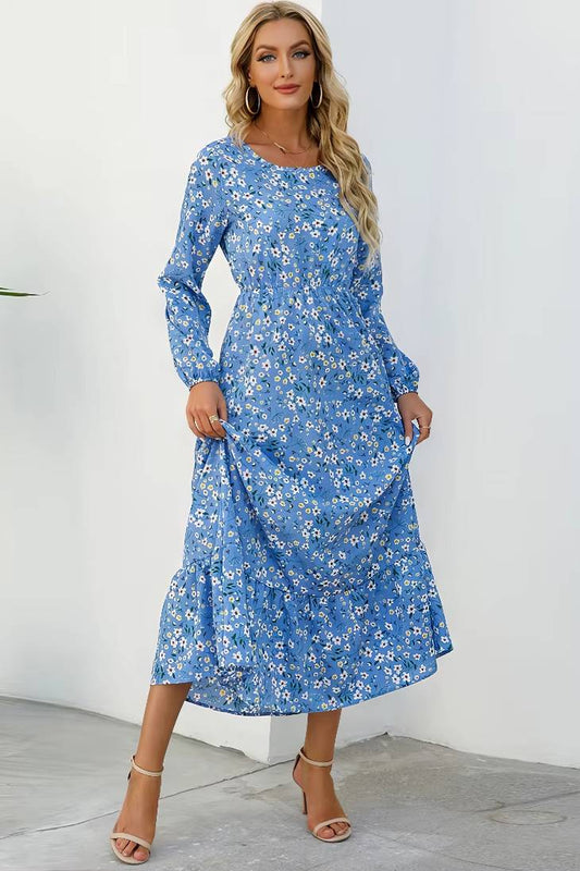 Vestido Largo Floral Manga Larga Cintura Fruncida Con Volantes Boho Verano