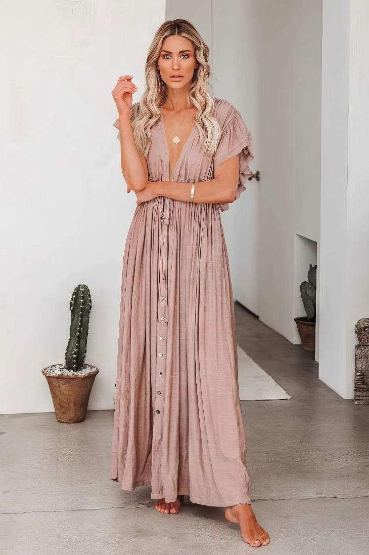 Vestido Largo Rosa Empolvado Escote En V Manga Corta Con Volantes Cintura Fruncida Boho Verano