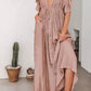 Vestido Largo Rosa Empolvado Escote En V Manga Corta Con Volantes Cintura Fruncida Boho Verano