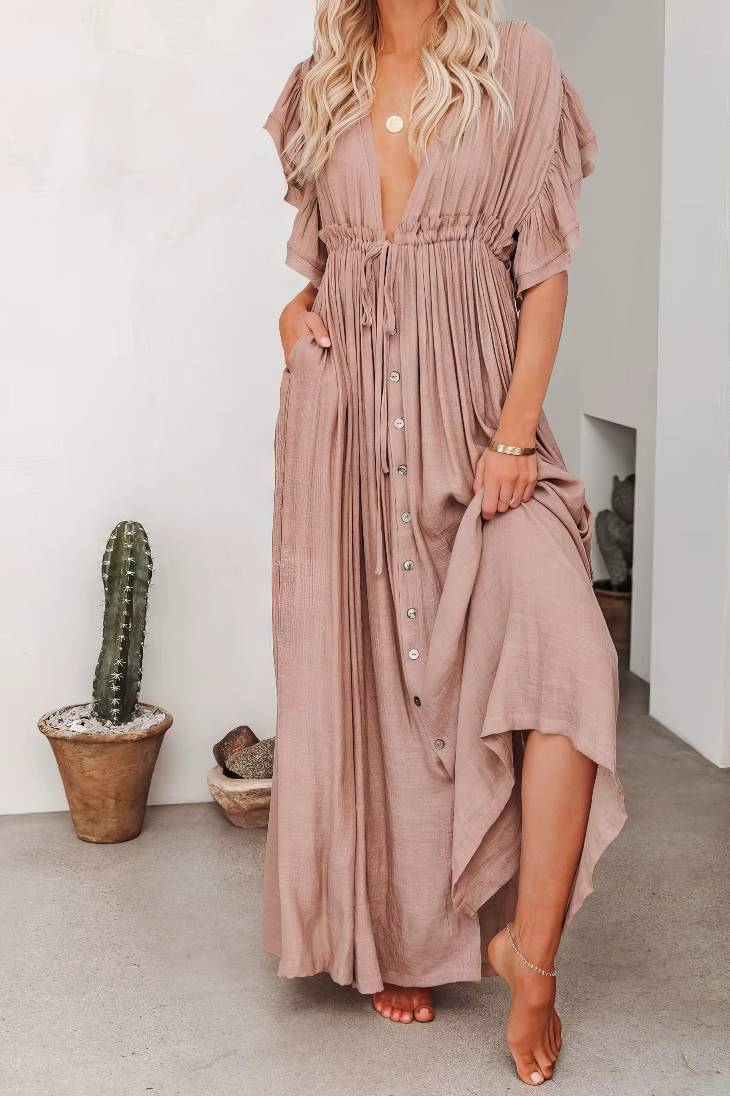 Vestido Largo Rosa Empolvado Escote En V Manga Corta Con Volantes Cintura Fruncida Boho Verano